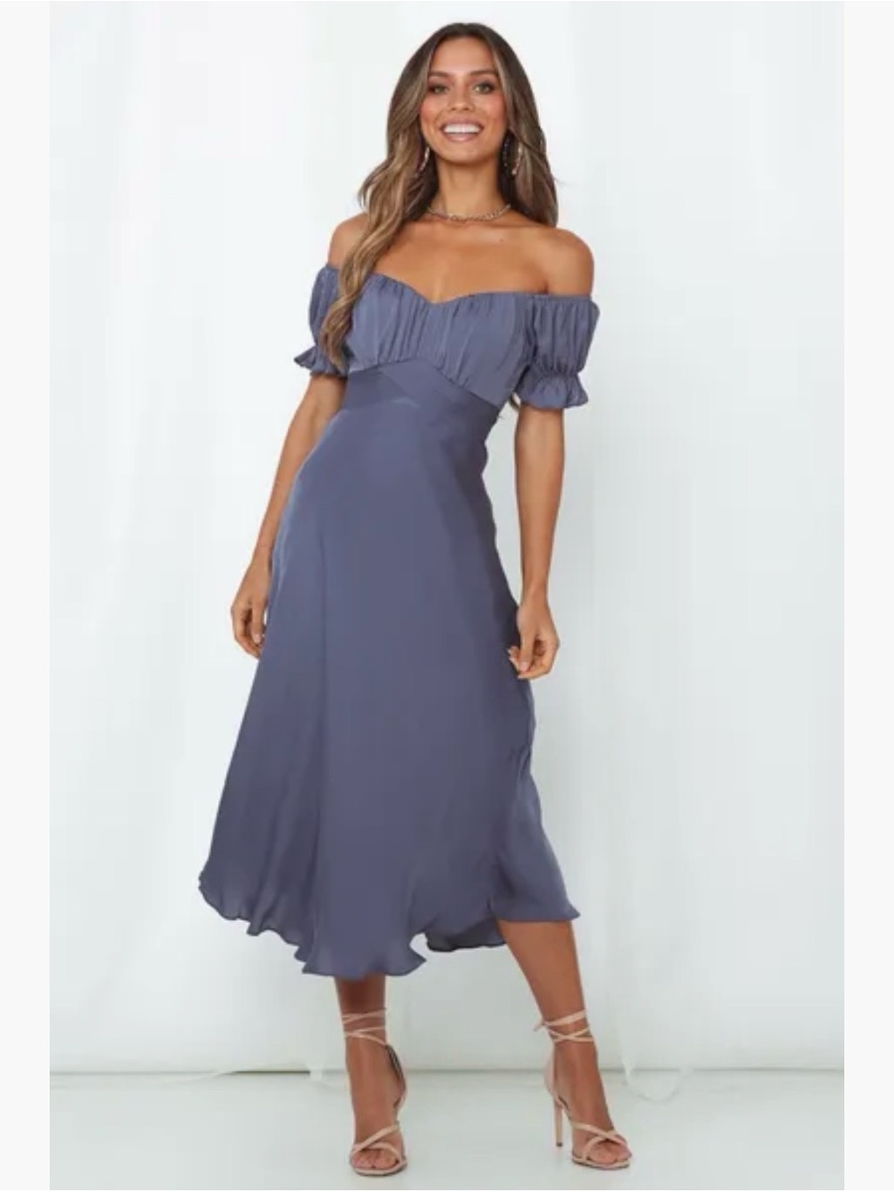 Hello Molly Sky Child Maxi Dress Midnight Blue Off Shoulder Satin US 4